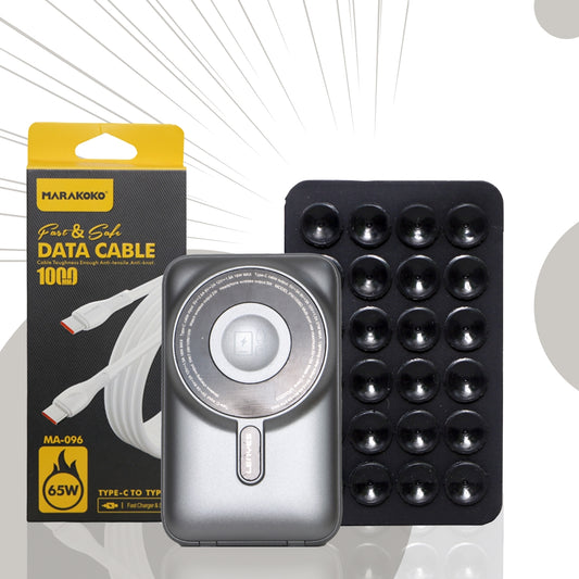 طقم شحن سريع: كابل USB-C بقدرة 65 واط وبنك طاقة لاسلكي