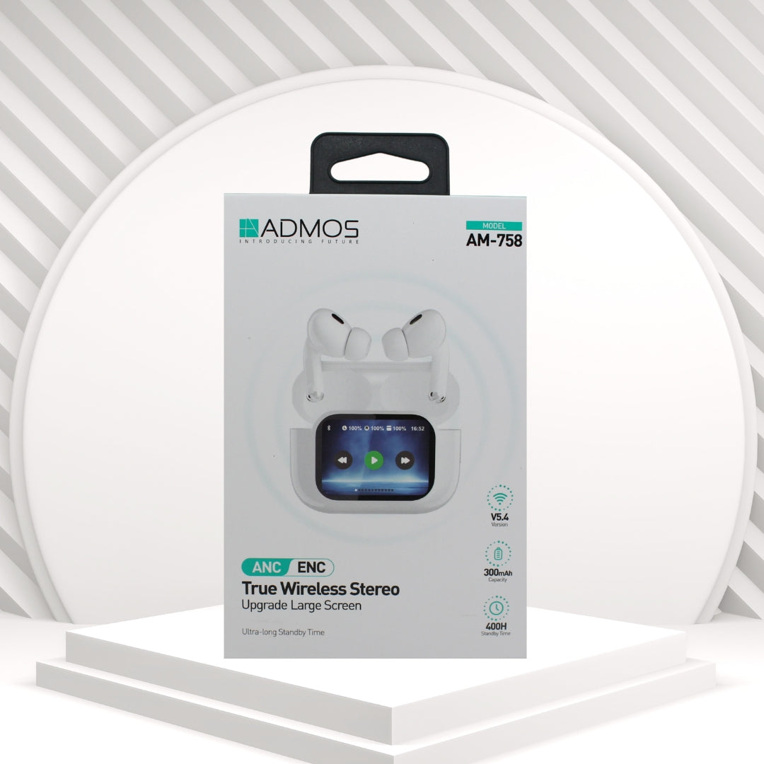 AM 758 أدْموس سماعة أيربود لاسلكية بخاصية إلغاء الضوضاء النشطة (ANC-ENC) وشاشة كبيرة