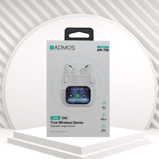 AM 758 أدْموس سماعة أيربود لاسلكية بخاصية إلغاء الضوضاء النشطة (ANC-ENC) وشاشة كبيرة