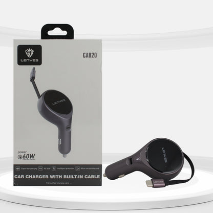 لينيس CA820 شاحن سيارة بقدرة 60 واط مع كابل USB-C قابل للسحب