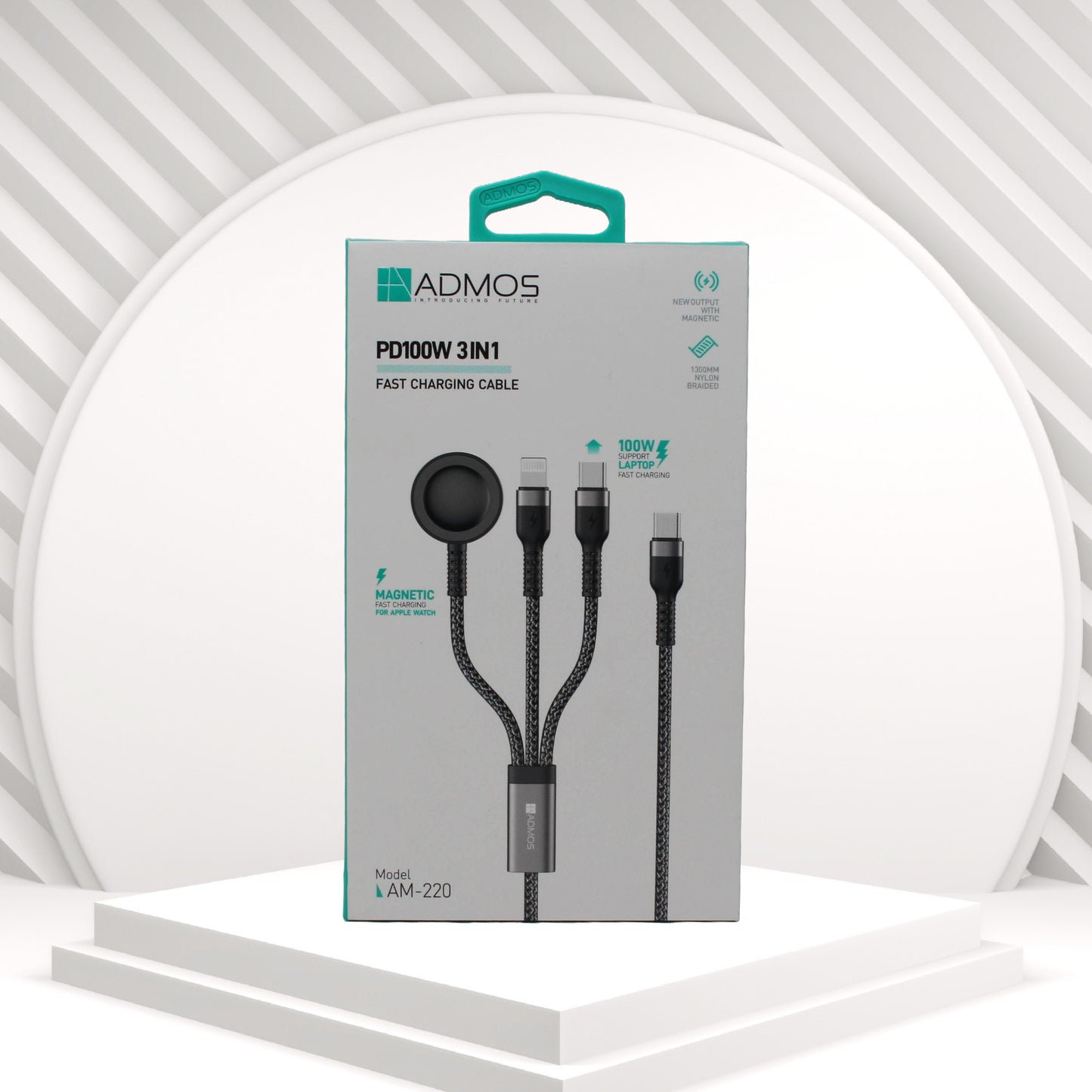 كابل شحن سريع 3 في 1 بقوة PD100W من Admos (الموديل AM‑220)