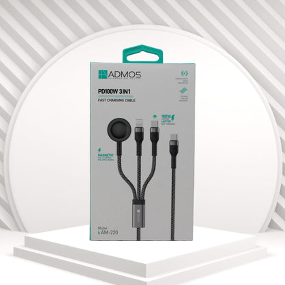 كابل شحن سريع 3 في 1 بقوة PD100W من Admos (الموديل AM‑220)