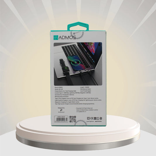 كابل شحن سريع 3 في 1 بقوة PD100W من Admos (الموديل AM‑220)