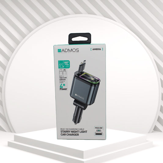 شاحن السيارة ADMOS AM8006 بقوة 22.5 واط مع ضوء ليلي وكابلات شحن مدمجة