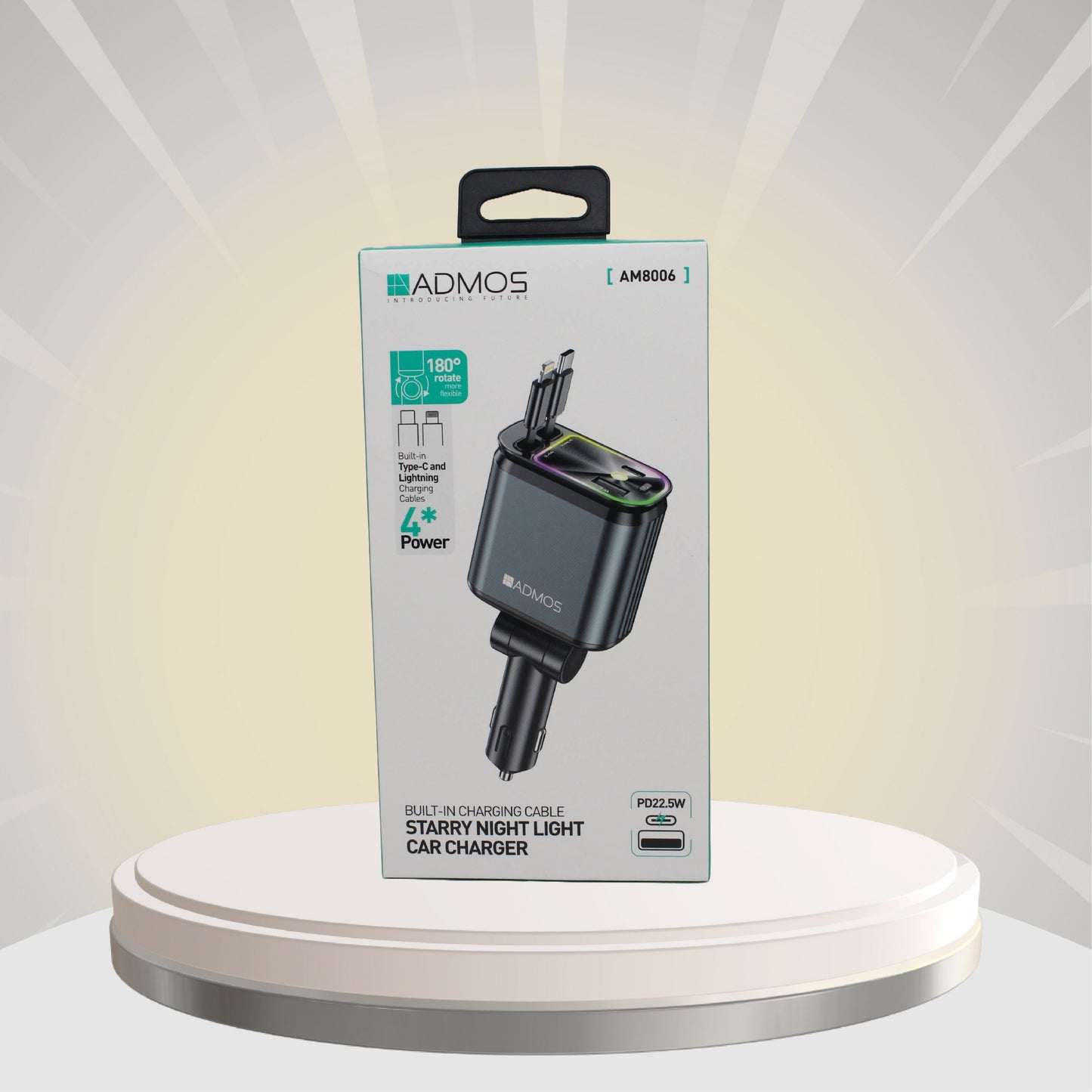 شاحن السيارة ADMOS AM8006 بقوة 22.5 واط مع ضوء ليلي وكابلات شحن مدمجة